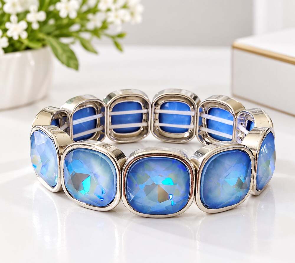 Silver AB Light Blue Stone Stretch Bracelet New